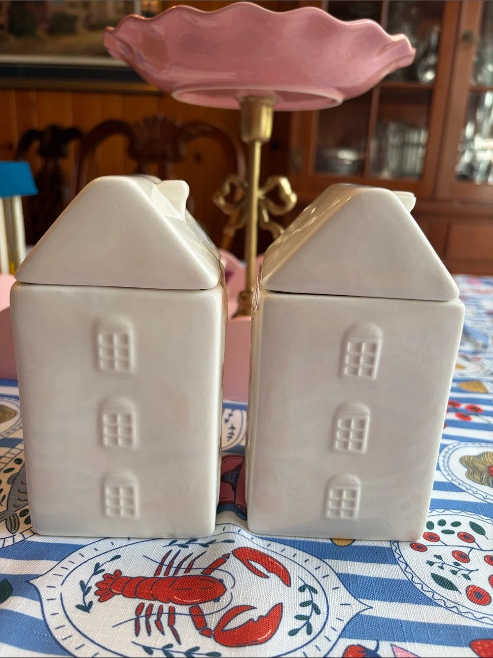 Two White Ceramic House Caramel Apple and Spice Lidded Candles
